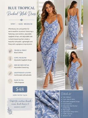 Blue Tropical Ruched Midi Dress - Size M - NWT